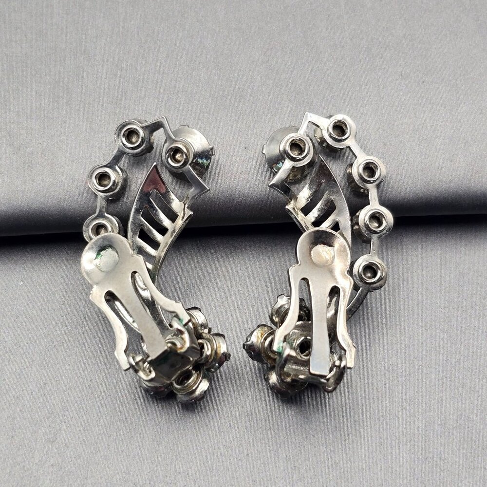VTG Clip-On Rhinestone Spray Climber Clip-On Earrings 1.25" Silver Tone Cutout - Picture 4 of 7